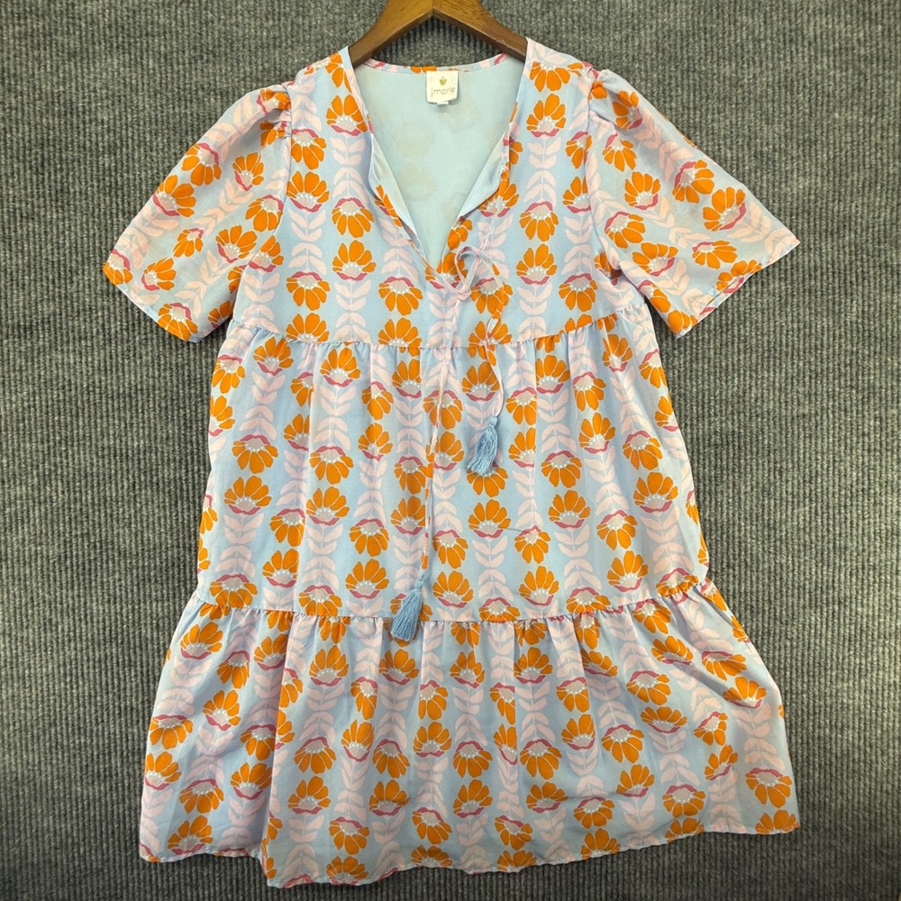 J. Marie Dress Womens Size M Blue Orange Floral Tiered Babydoll JM1899 Excellent